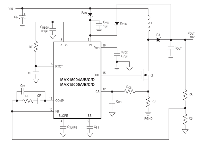 Application Circuit Diagram - Analog Devices Inc. MAX15005DAUE/V+ PWM Controllers